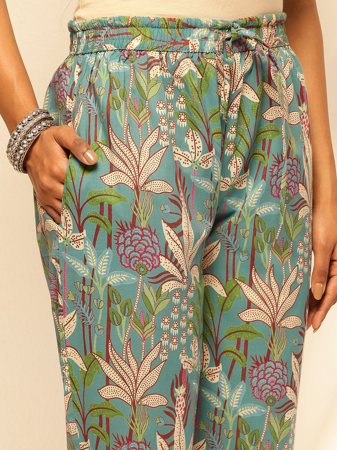 Sky Blue Cotton Floral Print A-Line Kurta Set