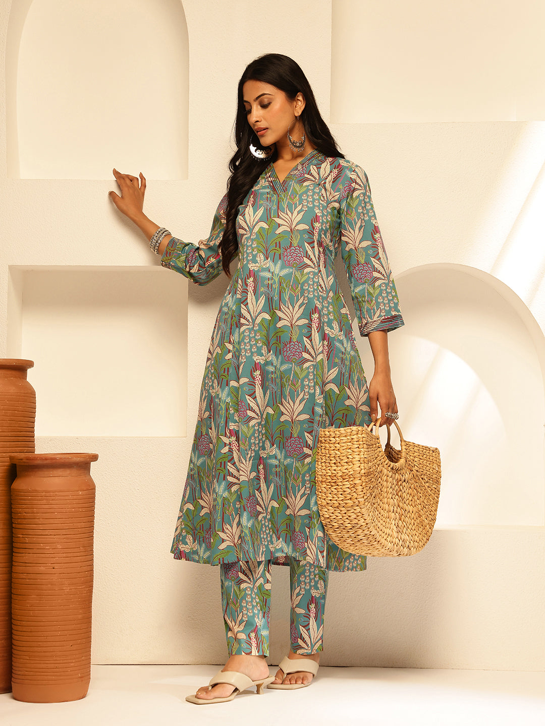Sky Blue Cotton Floral Print A-Line Kurta Set