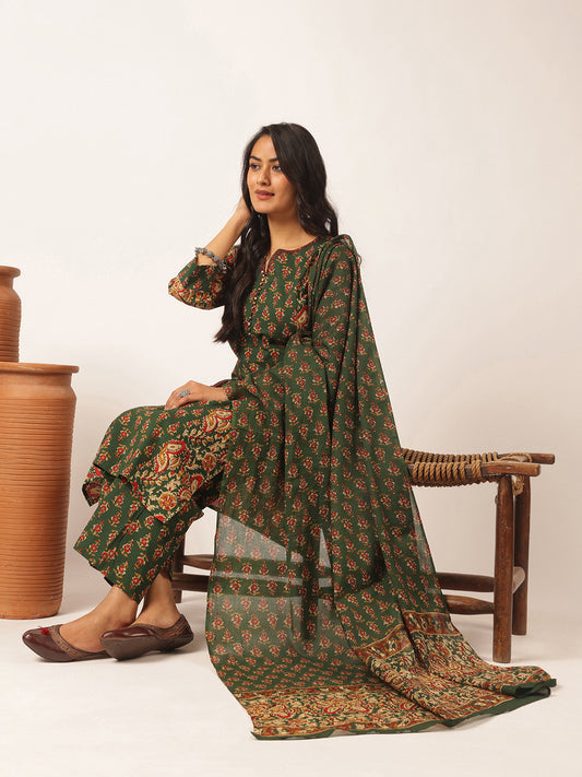 Green Cotton Floral Print Straight Kurta Set