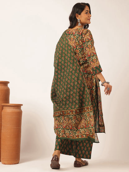 Green Cotton Floral Print Straight Kurta Set