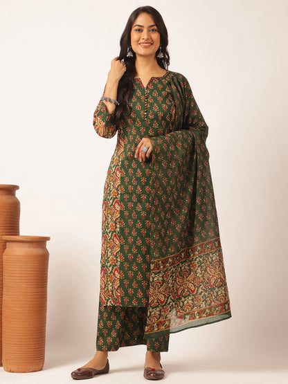 Green Cotton Floral Print Straight Kurta Set