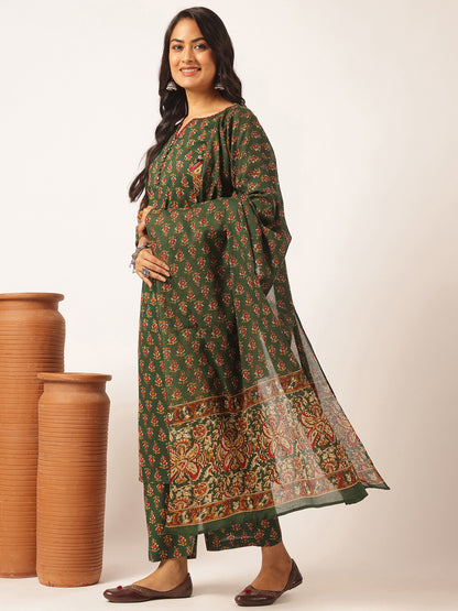 Green Cotton Floral Print Straight Kurta Set