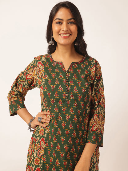 Green Cotton Floral Print Straight Kurta Set