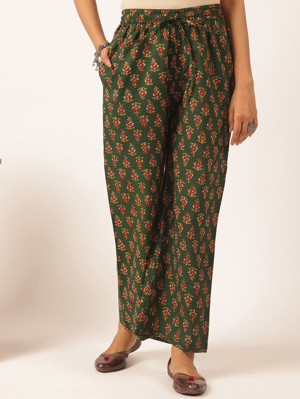 Green Cotton Floral Print Straight Kurta Set
