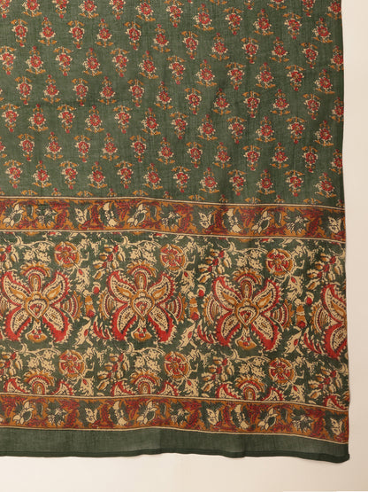 Green Cotton Floral Print Straight Kurta Set