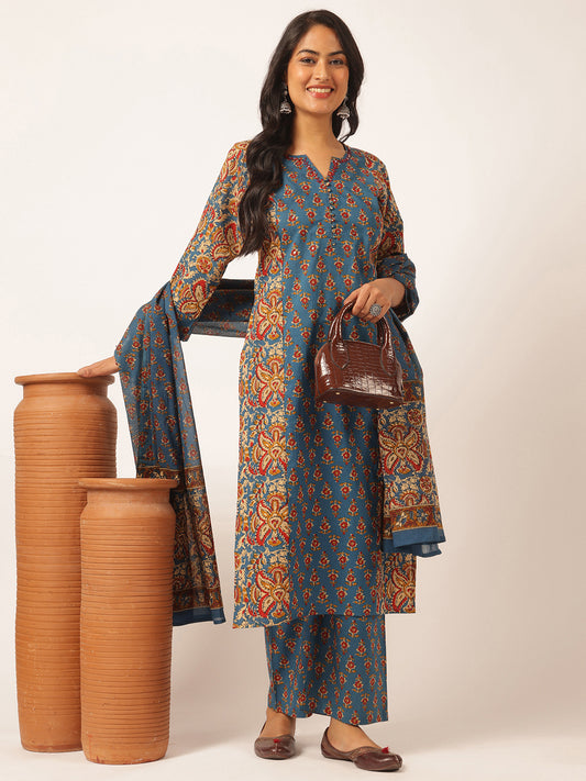 Royal blue Cotton Floral Print Straight Kurta Set