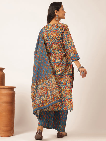 Royal blue Cotton Floral Print Straight Kurta Set