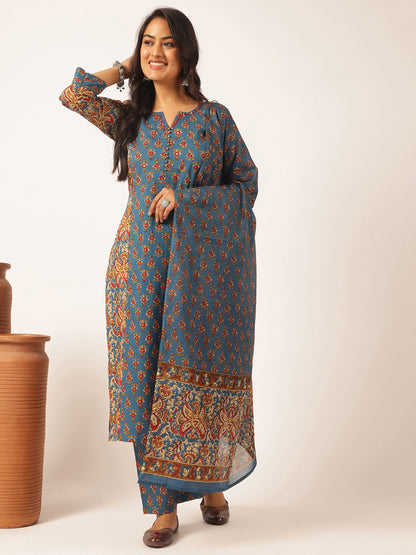 Royal blue Cotton Floral Print Straight Kurta Set
