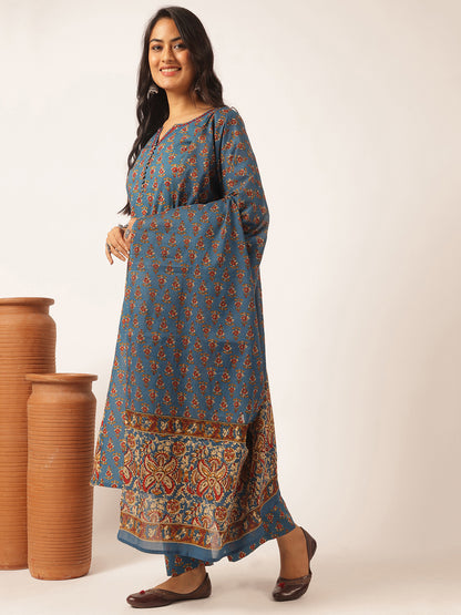 Royal blue Cotton Floral Print Straight Kurta Set
