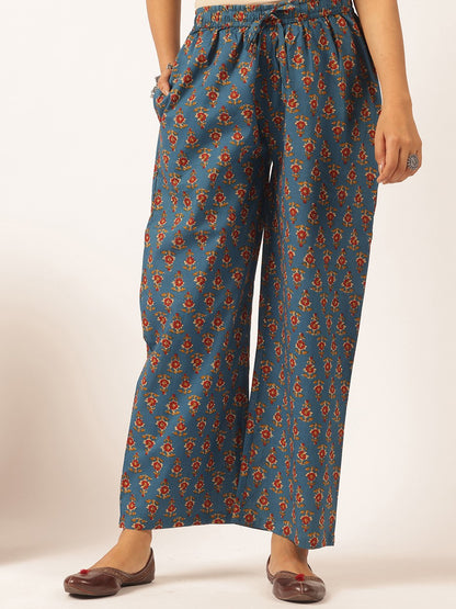Royal blue Cotton Floral Print Straight Kurta Set