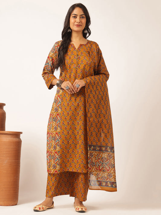 Mustard Cotton Floral Print Straight Kurta Set