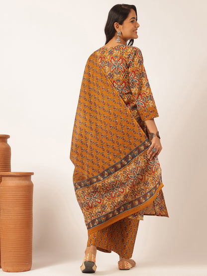 Mustard Cotton Floral Print Straight Kurta Set