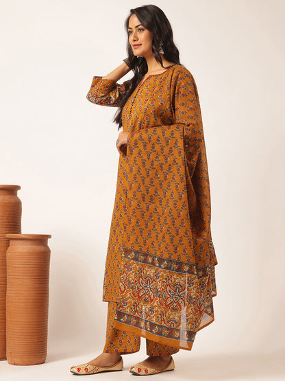 Mustard Cotton Floral Print Straight Kurta Set