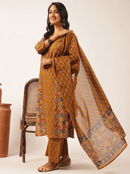 Mustard Cotton Floral Print Straight Kurta Set