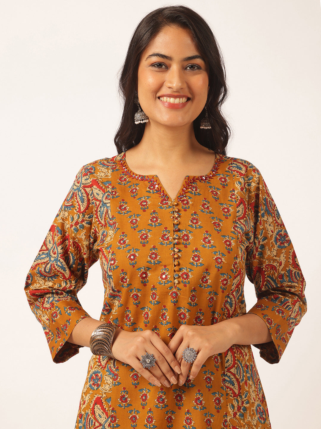 Mustard Cotton Floral Print Straight Kurta Set