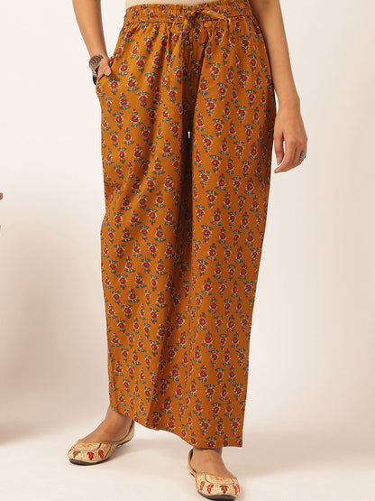 Mustard Cotton Floral Print Straight Kurta Set