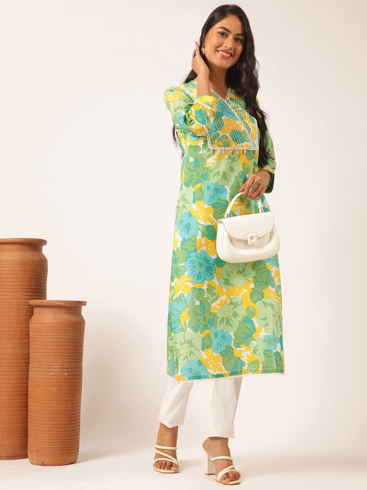 Light Green Floral Printed Straight Cotton Kurta