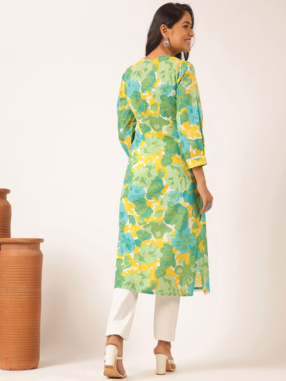 Light Green Floral Printed Straight Cotton Kurta