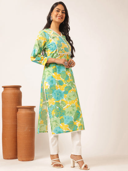 Light Green Floral Printed Straight Cotton Kurta