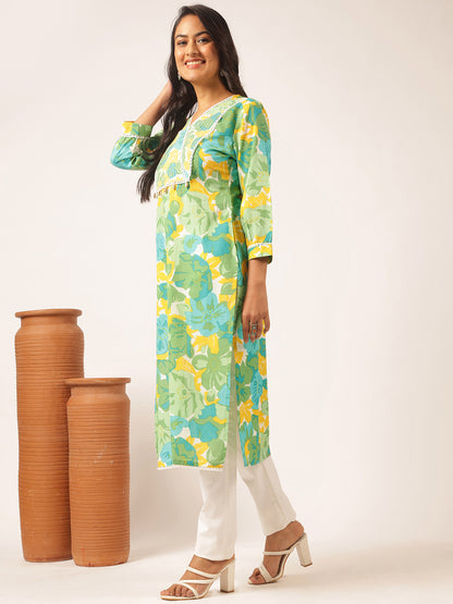 Light Green Floral Printed Straight Cotton Kurta