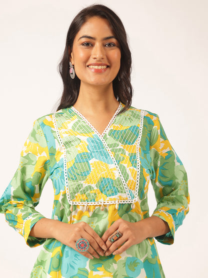 Light Green Floral Printed Straight Cotton Kurta