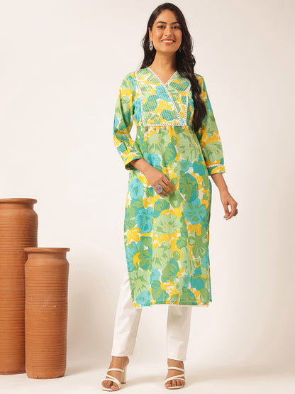 Light Green Floral Printed Straight Cotton Kurta