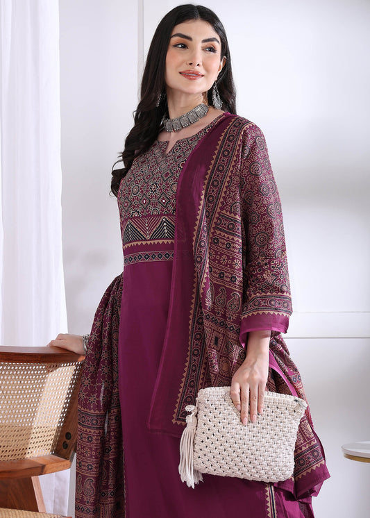 Magenta  Solid Straight Cotton Stitched Kurta Set