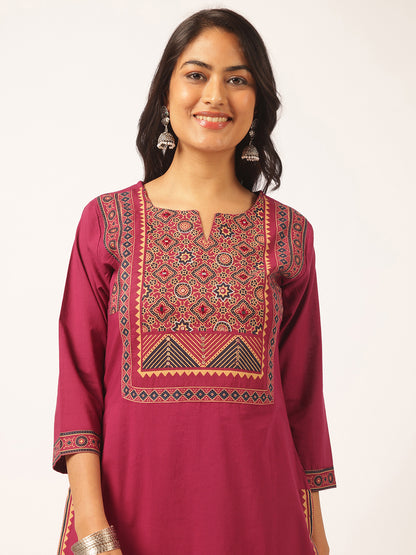 Magenta Cotton Solid Straight Kurta Set