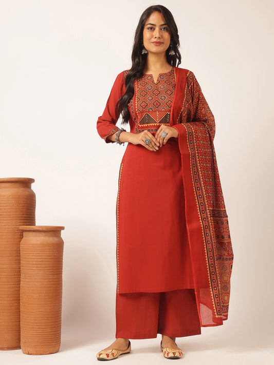 Red Cotton Solid Straight Kurta Set