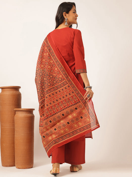 Red Cotton Solid Straight Kurta Set