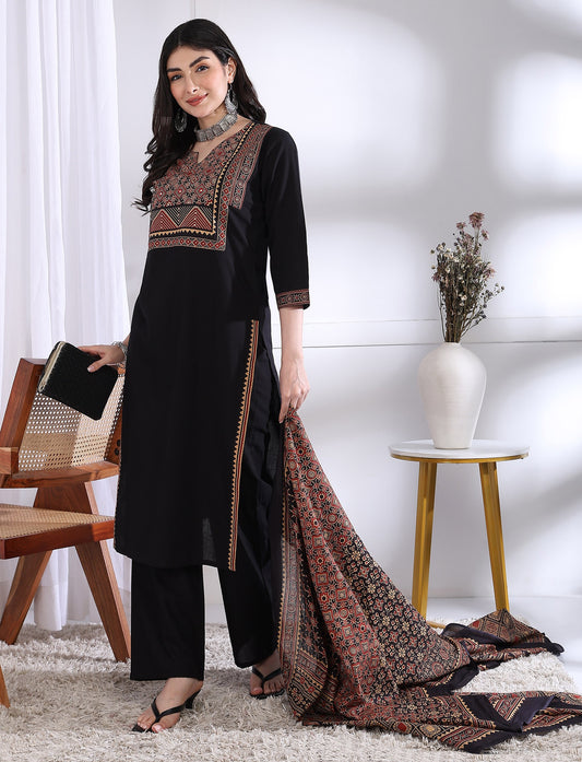 Black Solid (Printed Dupatta) Straight Cotton Stitched Kurta Set
