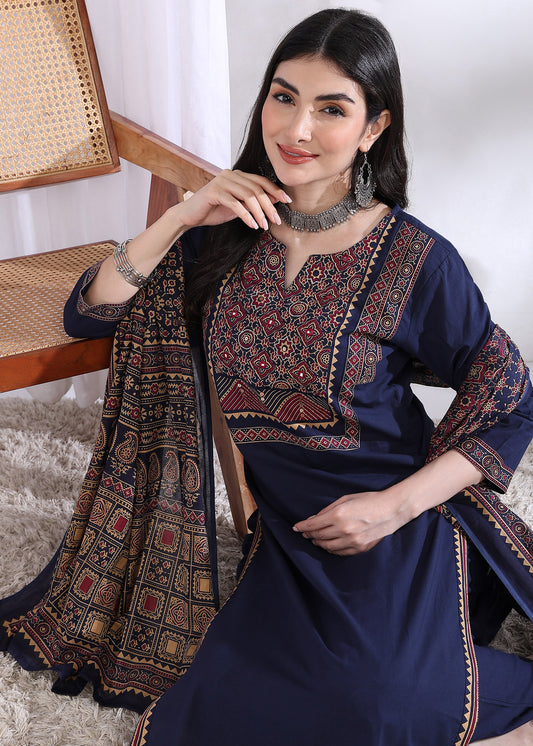 Blue Solid (Printed Dupatta) Straight Cotton Stitched Kurta Set