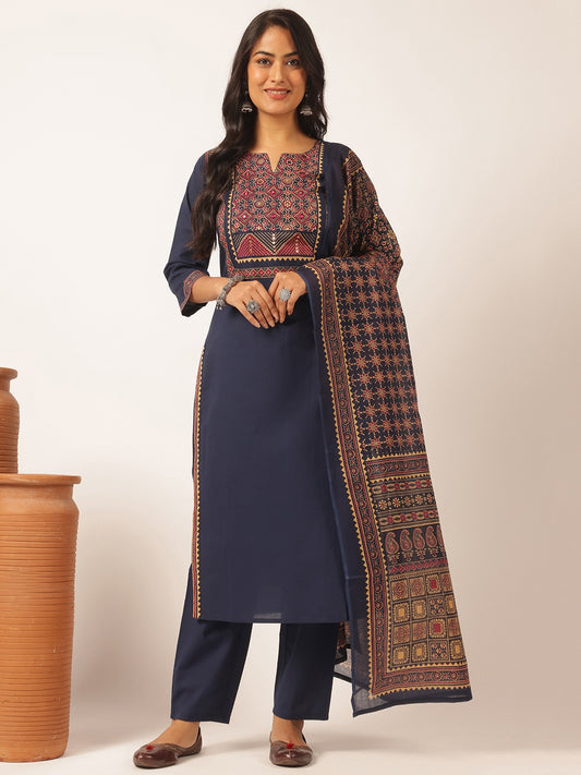 Blue Cotton Solid Straight Kurta Set