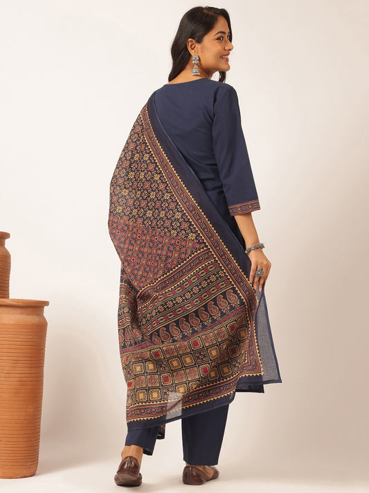 Blue Cotton Solid Straight Kurta Set