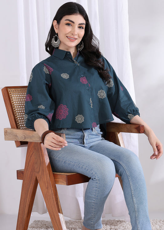 Royal Blue Floral Printed Up down Cotton Top