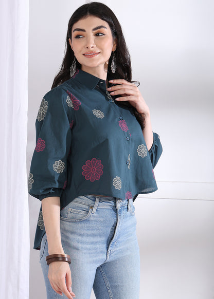 Royal Blue Floral Printed Up down Cotton Top