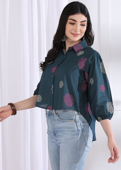 Royal Blue Floral Printed Up down Cotton Top