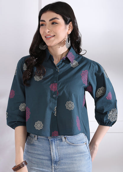 Royal Blue Floral Printed Up down Cotton Top