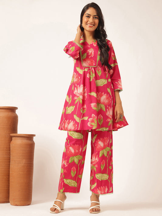 Pink Cotton Floral Printed Flared Co-Ord Set