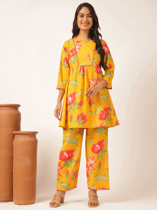 Yellow Cotton Floral Printed Flared Co-Ord Set