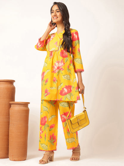 Yellow Cotton Floral Printed Flared Co-Ord Set