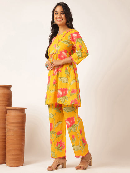 Yellow Cotton Floral Printed Flared Co-Ord Set