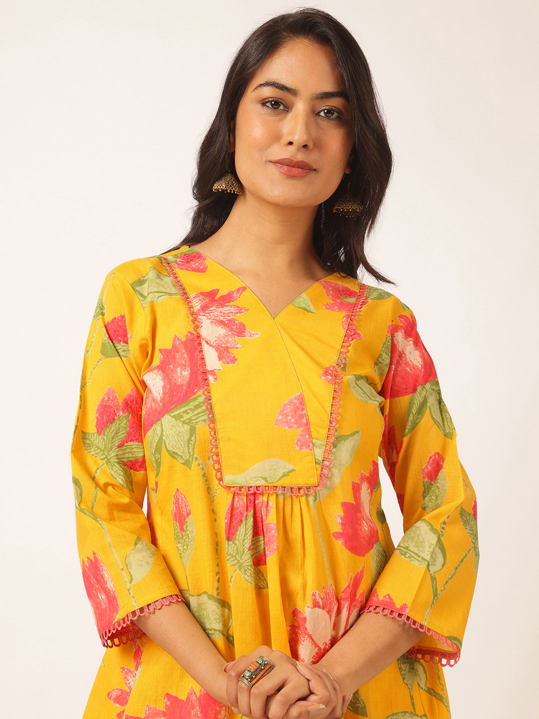 Yellow Cotton Floral Printed Flared Co-Ord Set