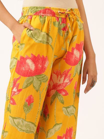 Yellow Cotton Floral Printed Flared Co-Ord Set