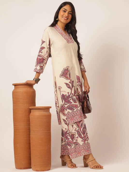 Off-white Cotton flex Floral Printed Straight Kurta Set