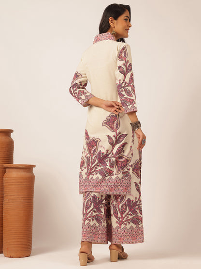 Off-white Cotton flex Floral Printed Straight Kurta Set
