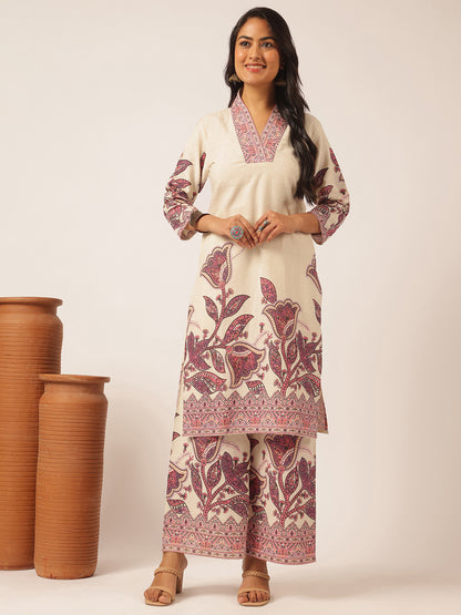 Off-white Cotton flex Floral Printed Straight Kurta Set