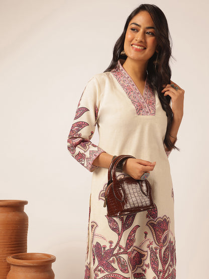 Off-white Cotton flex Floral Printed Straight Kurta Set