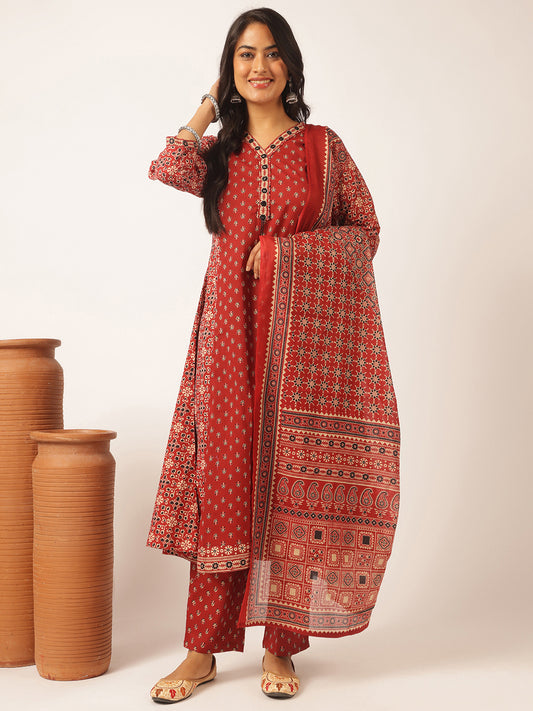 Maroon Cotton Floral Printed A-Line Kurta Set