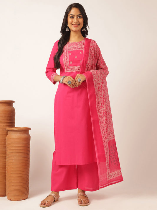 Pink Cotton Solid Straight Kurta Set